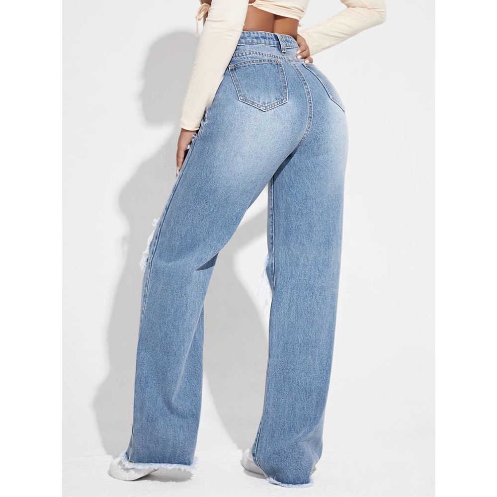 light wash Ripped Cutout Wide Leg Jeans - Picture 2 of 5